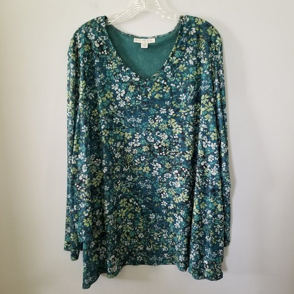 Emaline Woman V Neck Green Floral Lined Flowy Lightweight Sheer Sleeves Top 2X - Picture 1 of 8